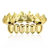 Hip Hop Tandheelkundige Tanden Grillz Vlam gouden bretels kunstgebit Fangs Mannen Vrouwen 18K Gold Grills Tanden Set Sieraden Zes 6 Top Bottom vampire Grills Halloween kostuum 1323