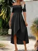 Party Dresses 2023 Women's Summer Casual Long Dress Solid Irregular Shrinkage Design Slash Neck Short Sleeve High Waist Slim A-Line