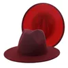 Yttre vinröd inre rött lapptäcke filt hatt höst vinter ylle jazz trilby cap klassisk europeisk us män kvinnor fedora hattar214d