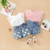 New Summer Kids Girls Clothing Set Polka Dots Mesh Sleeve Tops Tshirt With Denim Shorts Children Girl Outfits Sets