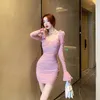 Casual Dresses Spring Summer Square Collar Flare Full Sleeve Mesh Dress Girls Elegant Slim Hollow Out Back Bodycon Mini For Women