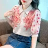 Blusas femininas 2023 verão máquina bordado flor camisas feminina manga curta bufante chiffon blusa botões top