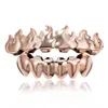 Hip Hop Dental Zähne Grillz Flamme Gold Zahnspangen Zahnersatz Reißzähne Männer Frauen 18K Gold Grills Zähne Set Schmuck Sechs 6 Oben Unten Vampir Grills Halloween Kostüm 1323