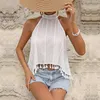 Polo da donna Top senza maniche sexy T-shirt stile nappa Collo appeso bianco Camicette in chiffon con foro in rete Camicie dolcevita con canotta Abbigliamento estivo