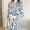 Robes décontractées robe florale femmes Style français à manches longues fleurs imprimé en mousseline de soie nœud volants col élégant plissé Vintage