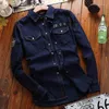 Camisas casuais masculinas Camisa jeans de algodão puro Jaqueta Primavera Moda masculina Manga longa lapela azul Bolso duplo Parte superior solta