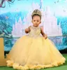 Robes de fille robe de fleur en dentelle jaune pure cou perles princesse mariage longue communion Pageant robes de fête d'anniversaire