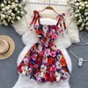 Casual Dresses 2023 Summer Slapp Neck Flower Beach Short Dress Women's Bow Spaghetti Strap Elastic Midje Holiday Ruffles Cascading Dress