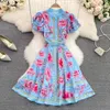 Casual Kleider 2023 Sommer Kleider für Frauen Fashion Runway Stehkragen Rüschen Kurzarm Blumen Druck Büro Dame Vestidos