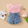 New Summer Kids Girls Clothing Set Polka Dots Mesh Sleeve Tops Tshirt With Denim Shorts Children Girl Outfits Sets