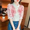Blusas femininas 2023 verão máquina bordado flor camisas feminina manga curta bufante chiffon blusa botões top
