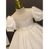 Fille robes été Simple enfants robe de fête d'anniversaire blanc Satin nœud fleur col rond manches bouffantes genou-longueur robe de bal