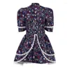 Party Dresses Women Elegant Fashion Floral Short Sleeve Puff V Neck High Waist Button Dress Vintage Summer Corset Princess