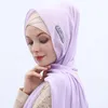 Sciarpe alla moda signora musulmana chiffon sciarpa lunga foglia strass velo decorativo arabo hijab colore soild scialli copricapo turbante