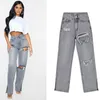 Women's Jeans Women's Women Spring Fashion Casual Straight Pants Ripped Hole High Waist Sexy Slit Color Grey Long Cotton Trousers C3310