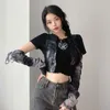 T-shirts pour femmes Hikigawa Chic Mode Femmes Streetwear Doux Cool Tie Dye T-Shirts Cordon Oversleeve Casual Slim Y2k Dancer Crop Top