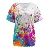 Camisetas Femininas 2023 Moda Verão Camisa Feminina Tie Dye Painting Top Tee Casual Decote em V Plissado Mangas Curtas Feminino