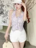 Women's Tracksuits Sweet Small Fragrance Two Piece Set Women Backless Sexy Tweed Vest Crop Top High Waist Short Sets Summer 2 Pant