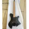 Acepro Headless Electric Guitar Stainless Steel Frets Black Color Ash Body Roast Maple Neck 2*Humbucker Pickups High Quality