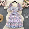 Casual Dresses Runway Holiday Summer Mesh Cake Dress Women's Puff Sleeve Square Collar Embroidery Beading Lace Trims Mini Vestidos 2023