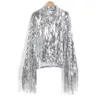 Women's Jackets Women Tassel Sequin Jacket Streewear Long Sleeve Silver Cyber Y2k Outwear Tops Ladies Fashion Party Prom Show Coat