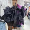 Kvinnors blusar domstolsstil gröda topp vintage perspektiv organza polka dot shirt bow lantare kort ärm blusas mujer sexig blus svart