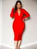 Casual Dresses BEAUKEY Sexy V Neck Draped Red Long Sleeves Bandage Dress 2023 For Women Midi Office Slim Bodycon Club Party Vestodos XL