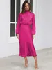 Casual Dresses Women Spring Summer Fashion Pure Color Långärmad lapptäcke Fold Elegant Temperament Ceremonial Dress Robe Dresss