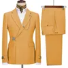Garnitury męskie żółte mężczyzny metalowe klamry 2 -częściowe moda klapa stała kolor Blazer Business Casual Wedding Groom Pełny garnitur męski