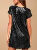 Casual Dresses Women Glitter Sequin Babydoll Dress Shiny Short Party Loose Sparkly T Shirt Bling Mini Club Wear