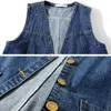 Kvinnors tankar camis mode v-ringning denim västar kvinnor vår sommar kort ärmlös jacka casual chaleco single-breasted överdimensionerad jean waistcoat 230609