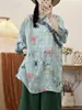 Women's T Shirts Summer Cotton Linen Vintage Printed Loose T-Shirt Woman Embroidery Half Sleeve Vertical Collar Diagonal Placket Buckle Tops