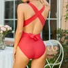 Dames badmode Sexy effen rood badpak uit één stuk Dames Bandage bodysuit Braziliaans diep v-hals rugloos badpak