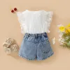 New Summer Kids Girls Clothing Set Polka Dots Mesh Sleeve Tops Tshirt With Denim Shorts Children Girl Outfits Sets