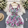 Casual Dresses 2023 Summer Slapp Neck Flower Beach Short Dress Women's Bow Spaghetti Strap Elastic Midje Holiday Ruffles Cascading Dress