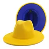 Moda Sarı Mavi Patchwork Yün Erkekler İçin Fedora Şapkaları Kadınlar 2 Ton Şapka Farklı Renk Elbise Şapkası Panama Caz Trilby Cap304G