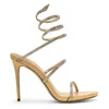 2023 Nuevas sandalias romanas con cordones de tacón alto para mujer Tacón de aguja de verano Estrella Mismo estilo Botas de sandalias con diamantes de imitación sinuosos en forma de serpiente a juego