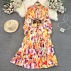 Autumn Charming Vintage Yellow Floral Printed Long Party Dress for Women Runway Designers Ruched Stand Collar Lantern Sleeve Maxi Dress 2023