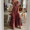 Vestidos Casuais Boho Maci Vestido Decote em V Manga Voadora Estampado Floral Verão Feminino Longo Elegante Estilo Férias Praia Roupas Femininas