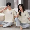 Ropa de dormir para hombres Pijamas para parejas jóvenes Verano Manga corta Pantalón largo Algodón Suave Hombres y mujeres Ropa de salón a juego Pjs con estampado de dibujos animados