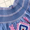 2023 Sıradan Elbiseler Yaz Tasarımcısı örgü çiçek nakış elbisesi kadınlar kısa yarasa kollu vintage geometrik siyah mavi tulles akşam parti vestidos