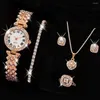 Montres-bracelets 5 pièces ensemble montre femmes bague collier boucles d'oreilles strass mode montre-bracelet femme décontracté dames montres Bracelet horloge cadeau