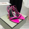 Scarpe eleganti Sandali da donna Tacchi alti Lucchetto Sandalo nudo Marchi di lusso Tacco dorato Pelle nappa lucida Abito da cerimonia nuziale a punta Pompa Cinturino alla caviglia shoea 35-43