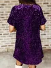 Sıradan Elbise Kadın Sequin Mini Elbise Kısa Kollu Babydoll Glitter Partisi Konser Dans Disco Clubwear Crewneck Mor