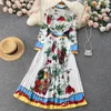 Casual Dresses 2023 Vintage Contrast Color Printed Long Party Dresses for Women 2023 Runway Elegant Turn Down Neck Long Sleeve Pleated Dress