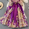 Casual Dresses 2023 Elegant Purple Flower Party Dress High Quality Spring Women Sexig V Neck Floral Embroidery Lace Up Belt Party Midi Dress Vestidos