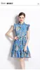 Casual Dresses 2023 Summer Women Clothes Runway Stand Flying Sleeve Buttons Up Vintage Floral Print Lace Up Belt Ruffles Mini Vestidos