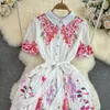 2023 Casual Dresses Runway Fashion Floral Print Summer Dress Women Elegant Short Sleeve Sashes Midi Pleated Vestidos Office Lady Work Robes