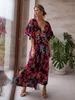 Robes décontractées basiques Boho Floral Imprimé Col en V À Manches Courtes Robe En Coton Avec Ceinture Tunique Femmes Vêtements D'été Street Wear Maxi Robes A1341 230609