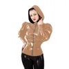 Women's Jackets Women PVC Shiny Jacket Club Faux Latex Slim Puff Long Sleeve Hooded Coat Streetwear Solid Big Size Zip-up Top T-shirt